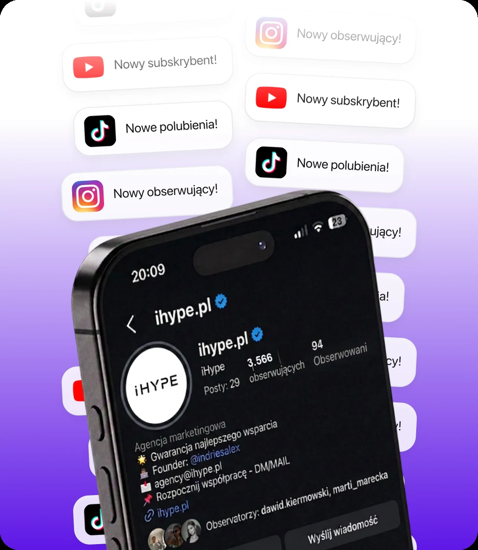 Profil iHype na Instagramie otoczony powiadomieniami o nowych obserwujących i polubieniach