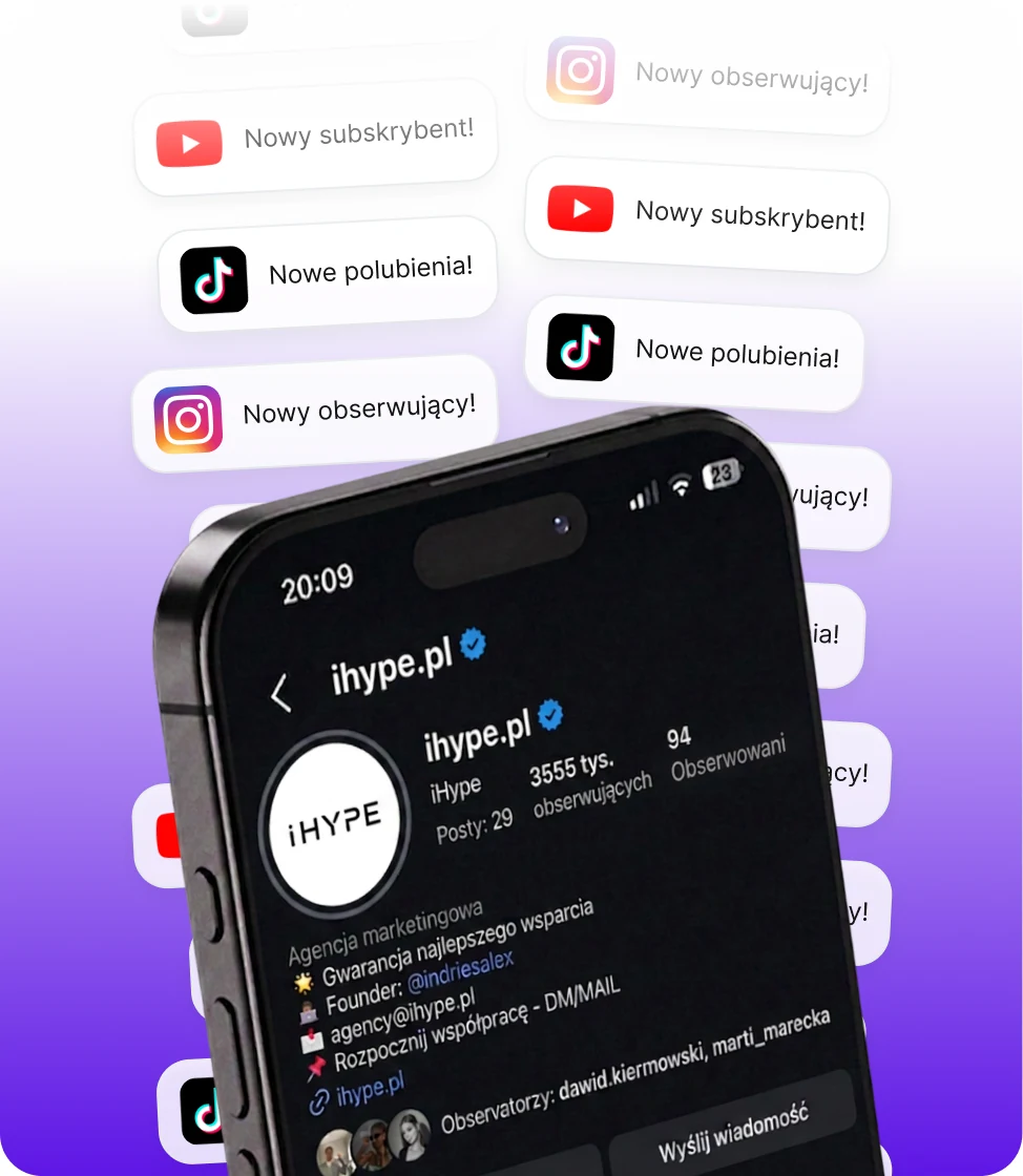 Profil iHype na Instagramie otoczony powiadomieniami o nowych obserwujących i polubieniach